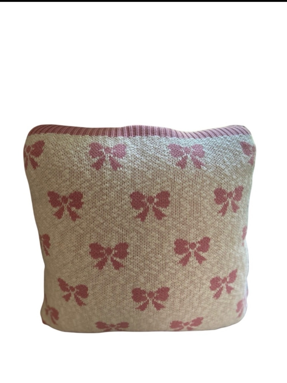 Cozy Knit Pink Bow Throw Pillow | Coquette / Grandmillennial Aesthetic